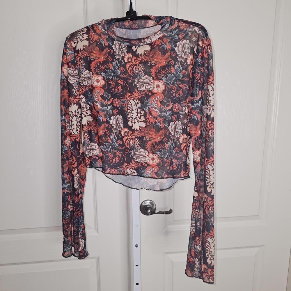 Floral Long Sleeve Sheer Mesh Top with Flared Sleeves